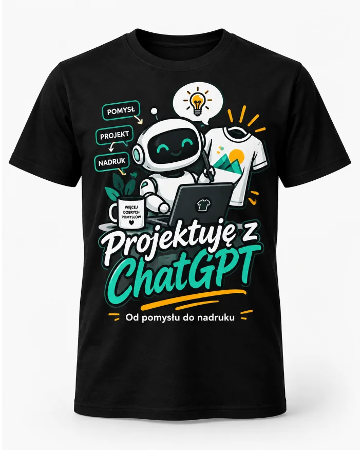 Mockup koszulki z grafiką wygenerowaną przez ChatGPT – przykład pliku niegotowego do druku DTF